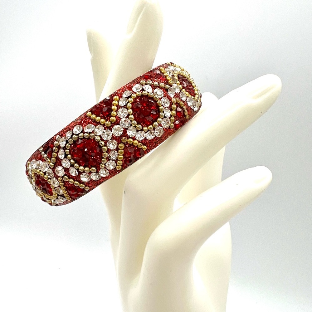 Vintage Red Rhinestone Wide Bangle Bracelet- Sparkling Statement Jewellery